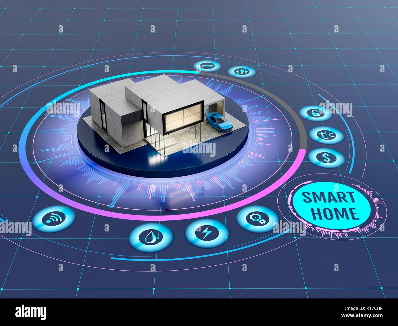 Concept of smart home or internet of things technology. Scale model of  contemporary house on the interactive display with infographic elements. 3D  illustration on dark background Stock Photo - Alamy