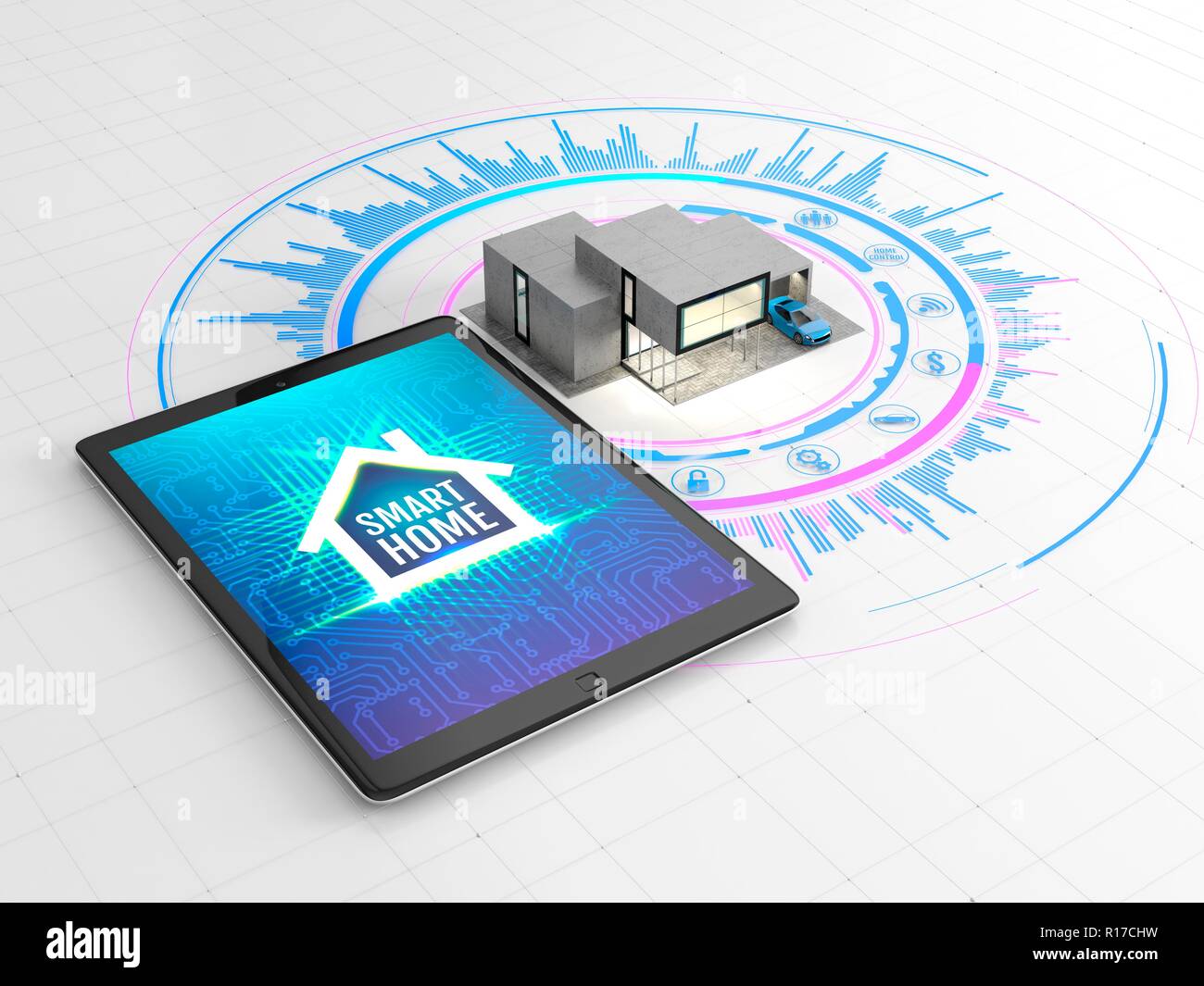 Remote control or tablet with app for the smart home on the screen and ...