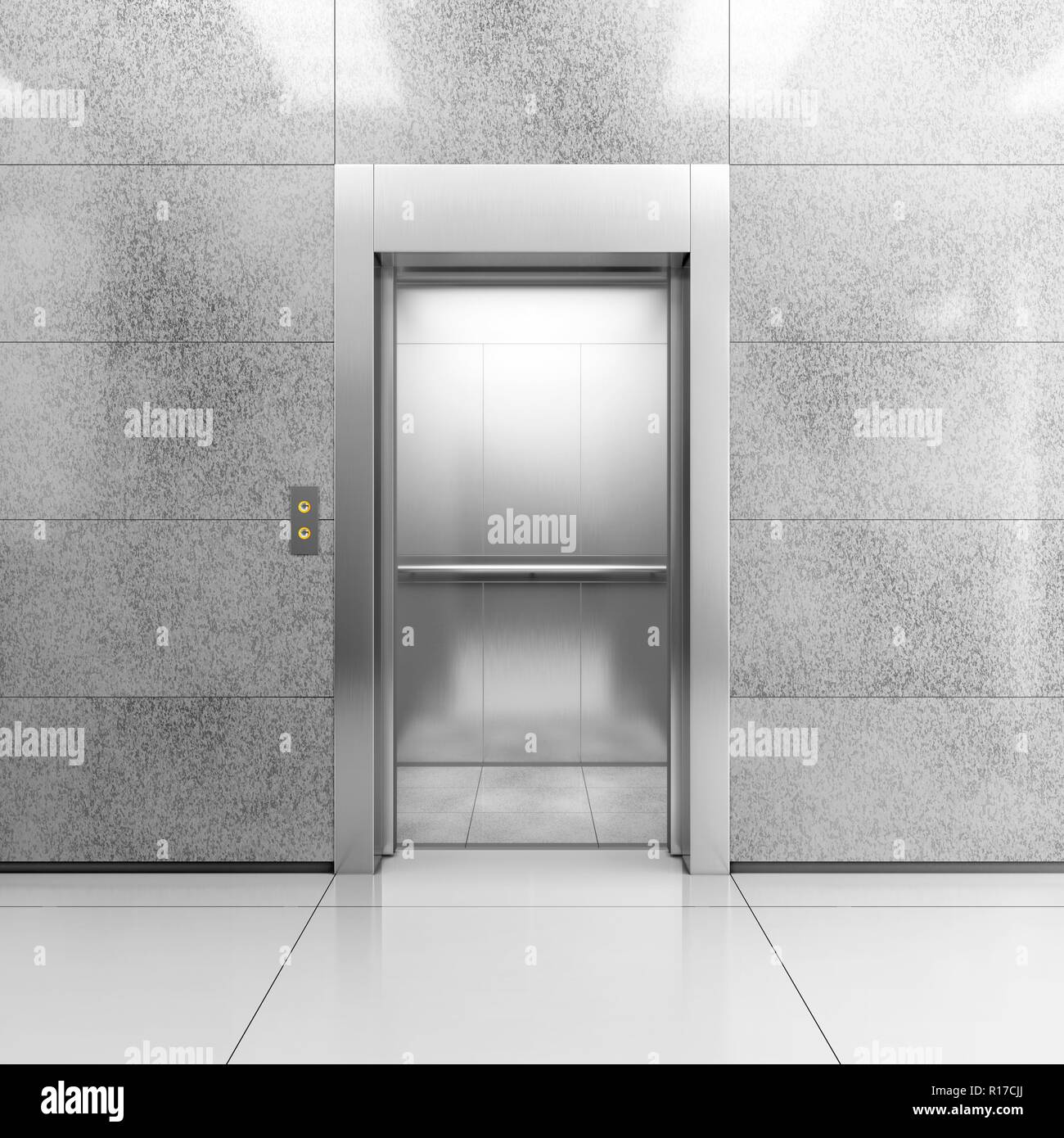 Modern steel elevator with open doors in contemporary lobby. 3D