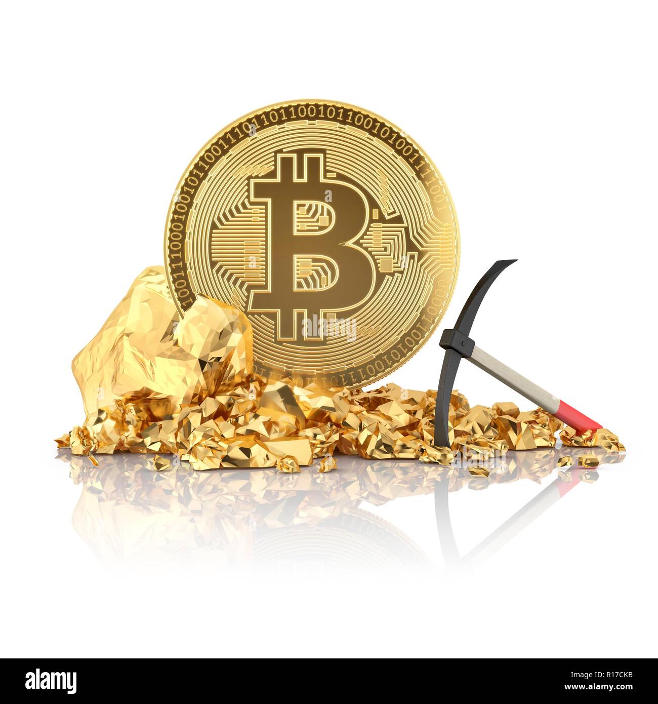 Bitcoin standing on a golden stones with pickaxe for mining of  cryptocurrency. 3D illustration isolated on white background Stock Photo -  Alamy