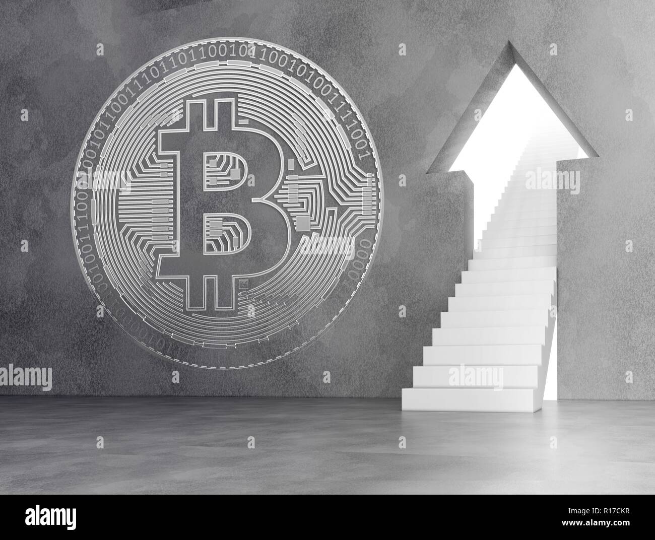 Financial growth concept of cryptocurrency, bitcoin logo on the wall, and  stairway leading up to open door in form arrow. 3d illustration Stock Photo  - Alamy