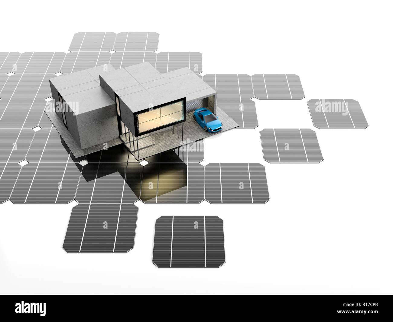 A scale model of the modern smart house stands on the solar panels. 3D
