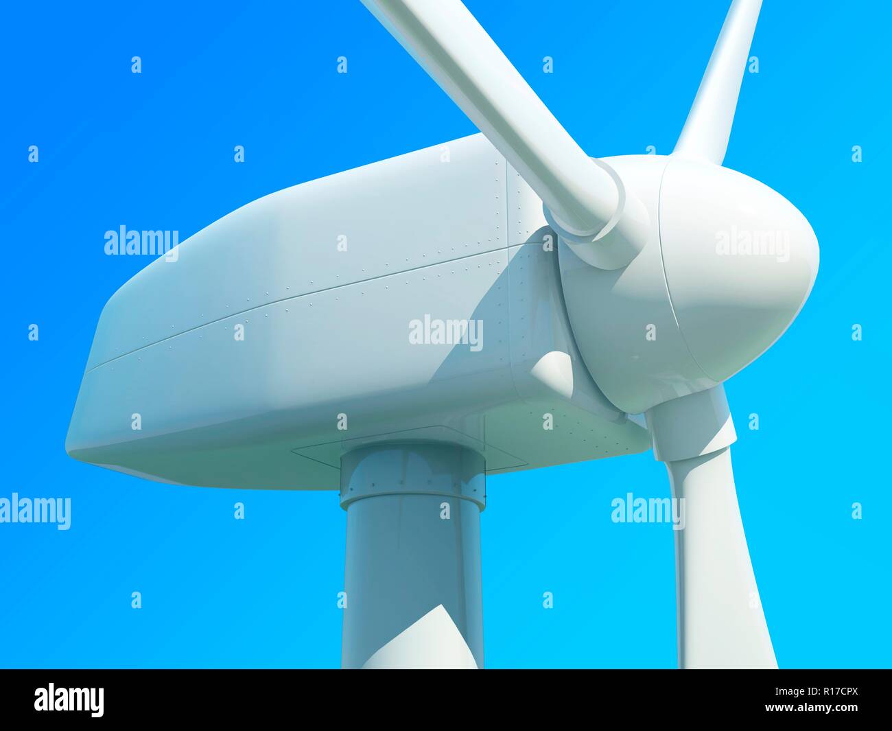 Close up of wind turbine against blue sky. 3D illustration Stock Photo ...