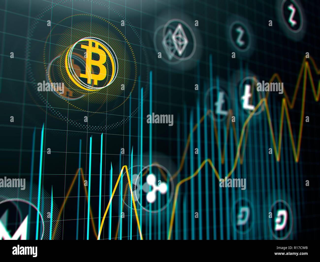 Bitcoin and other virtual money. Cryptocurrency stock market graph on  virtual screen. 3d illustration Stock Photo - Alamy
