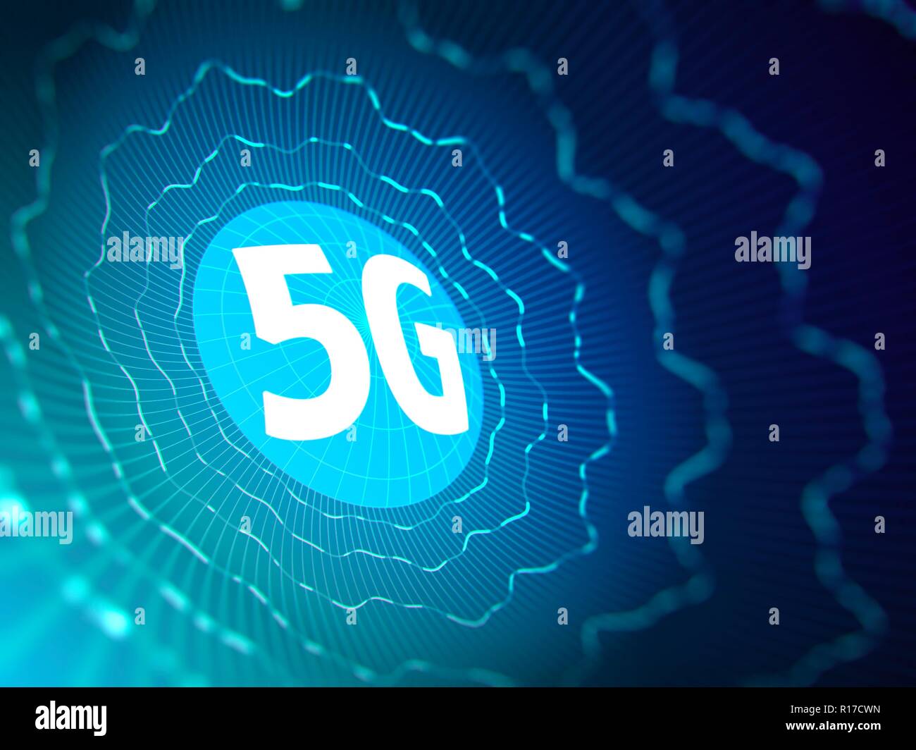 5G sign on blue digital background. 3D illustration. Stock Photo