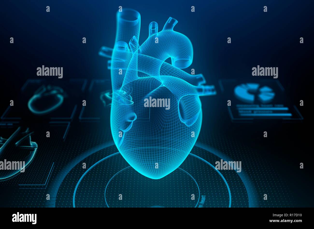 Holographic human heart in virtual reality. Futuristic diagnostic in medicine. 3d illustration