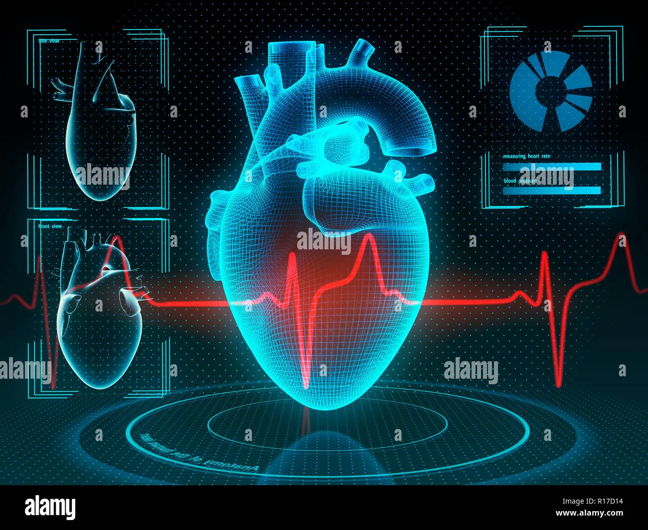 Holographic human heart in virtual reality. Futuristic diagnostic in medicine. 3d illustration