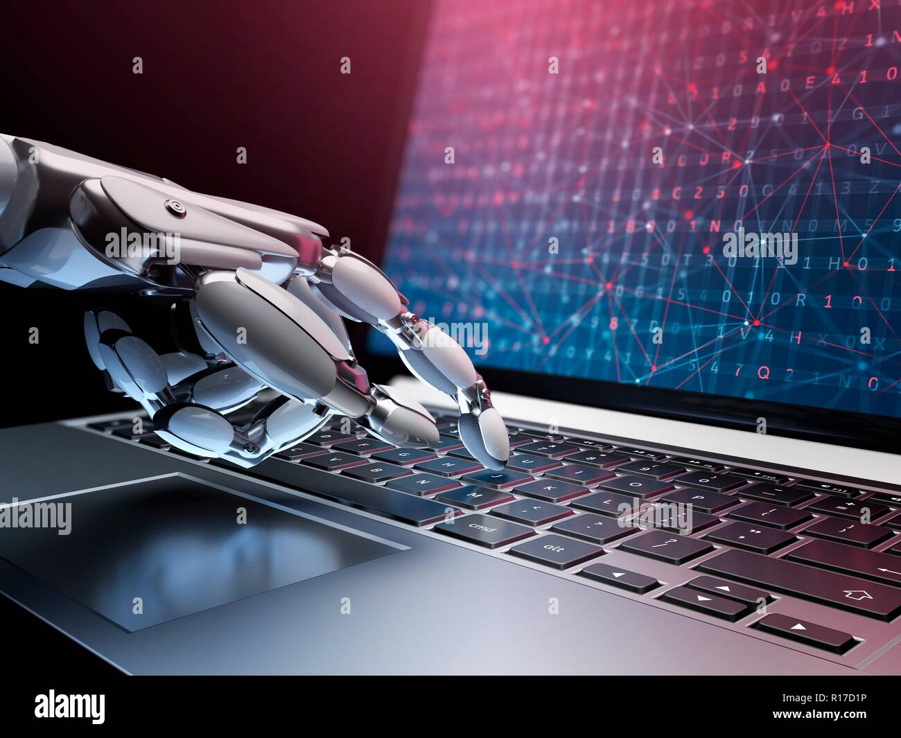 Robot writing a programming code on laptop. 3d illustration Stock Photo ...