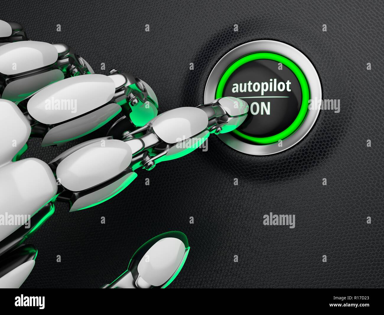 Robotic finger pressing a autopilot start button. Futuristic concept. 3D illustration. Stock Photo