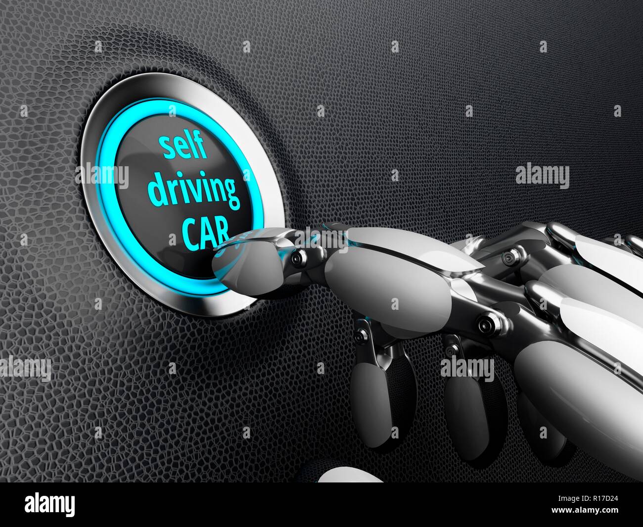 Robotic hand, presses the start button of the self driving car. 3D illustration. Stock Photo