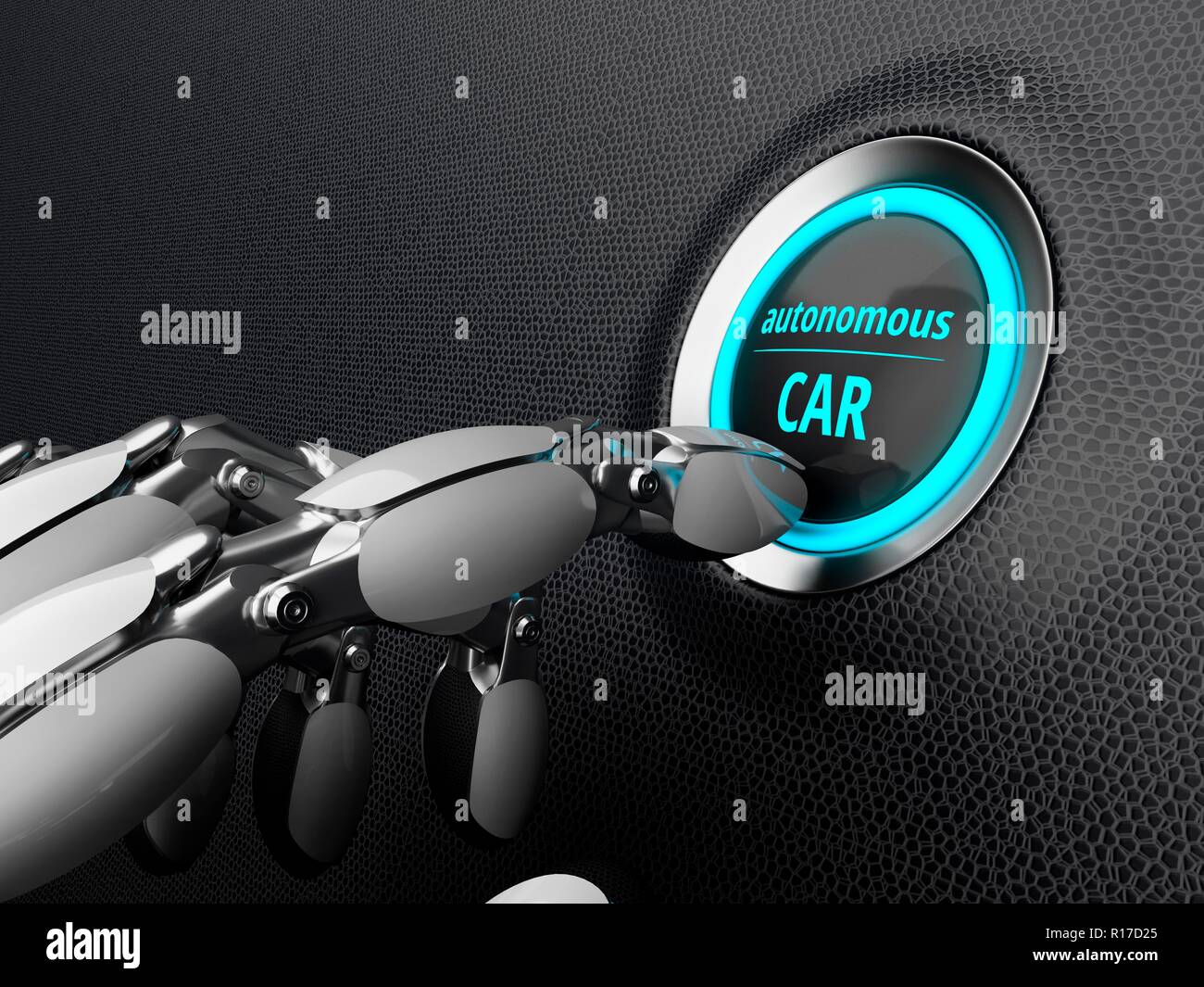 Robotic hand, presses the start button of the autonomous car. 3D illustration. Stock Photo