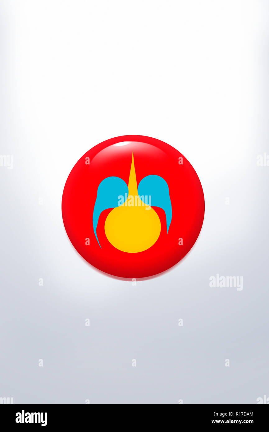 Yellow and blue design within circular blob of red shiny nail polish on white background Stock Photo