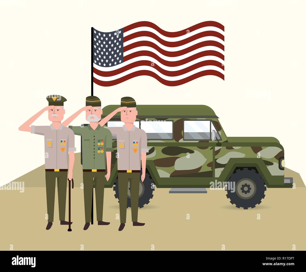 military soldiers with usa flag and car Stock Vector