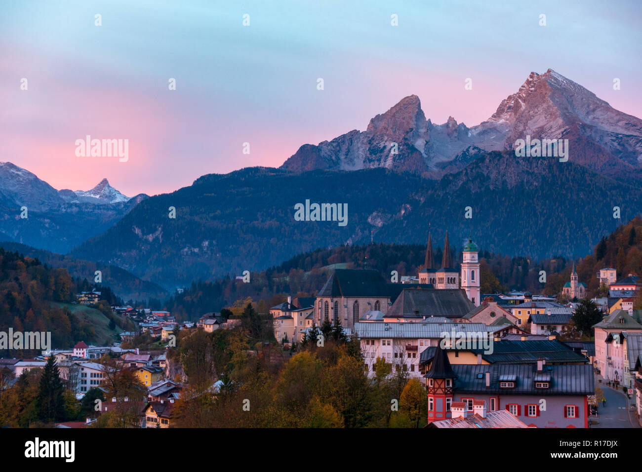 Mountains overlooking Berchtesgaden at dawn, Bavarian Alps , Germany Stock Photo