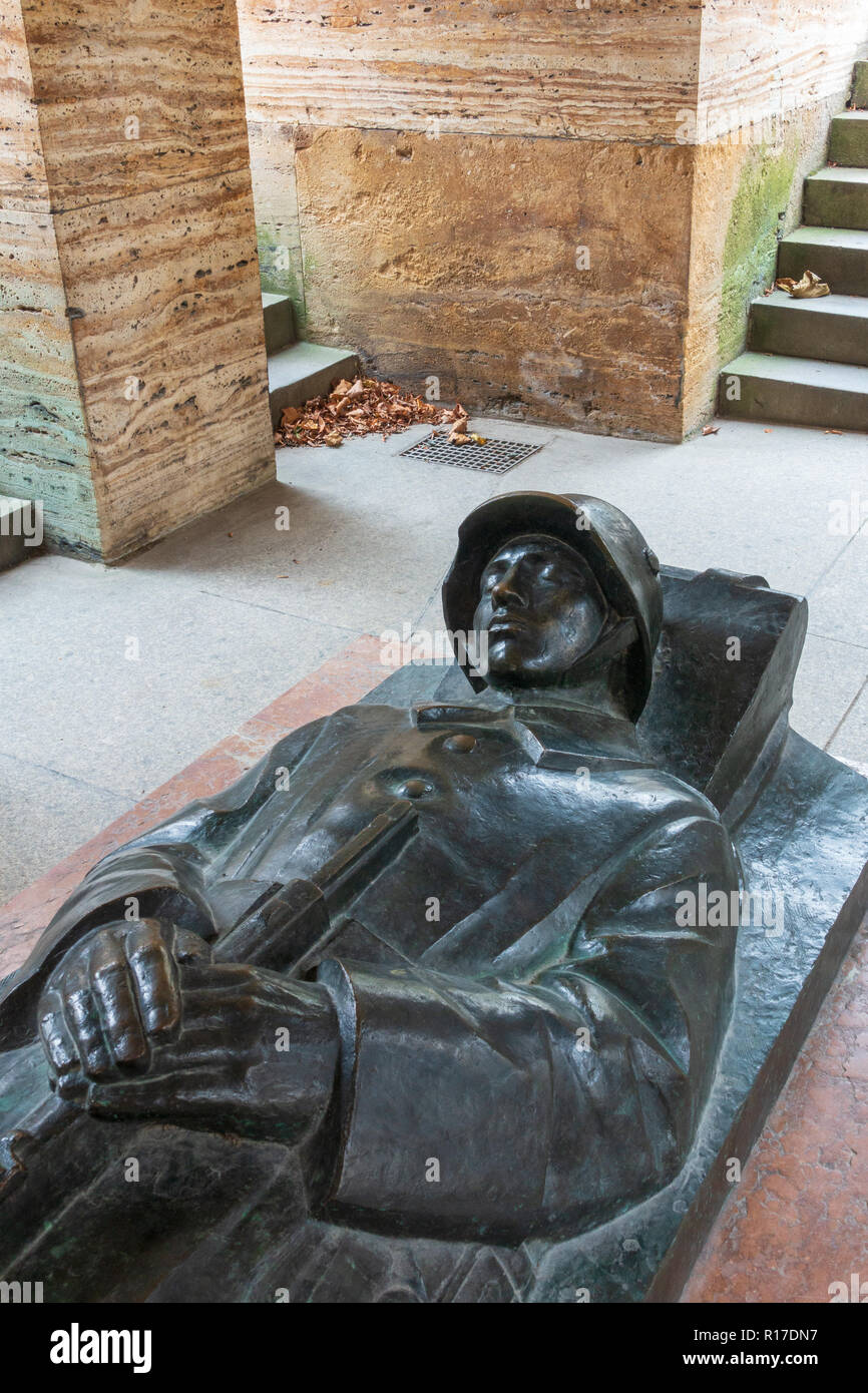 Statue of dead soldier in crypt of war memorial from the First World War, Hofgarten, Munich Stock Photo