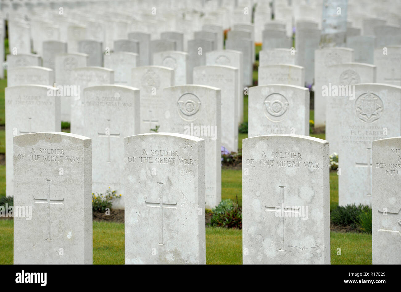 Great War Headstones, Hooge Crater Cemetery, near Ypres, Belgium Stock Photo