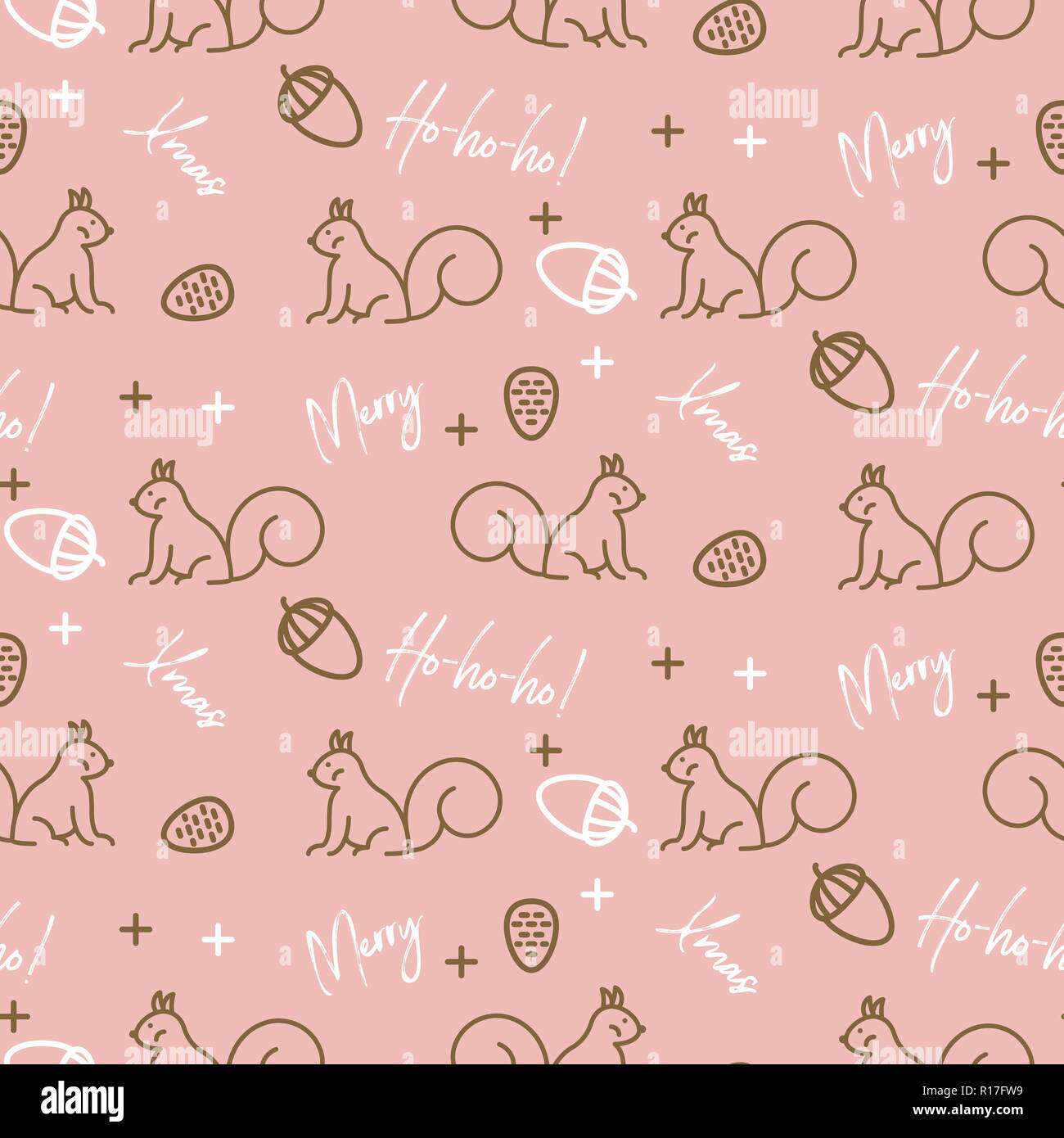 Cute xmas pattern with squirrels and acorns line style vector background. Stock Vector