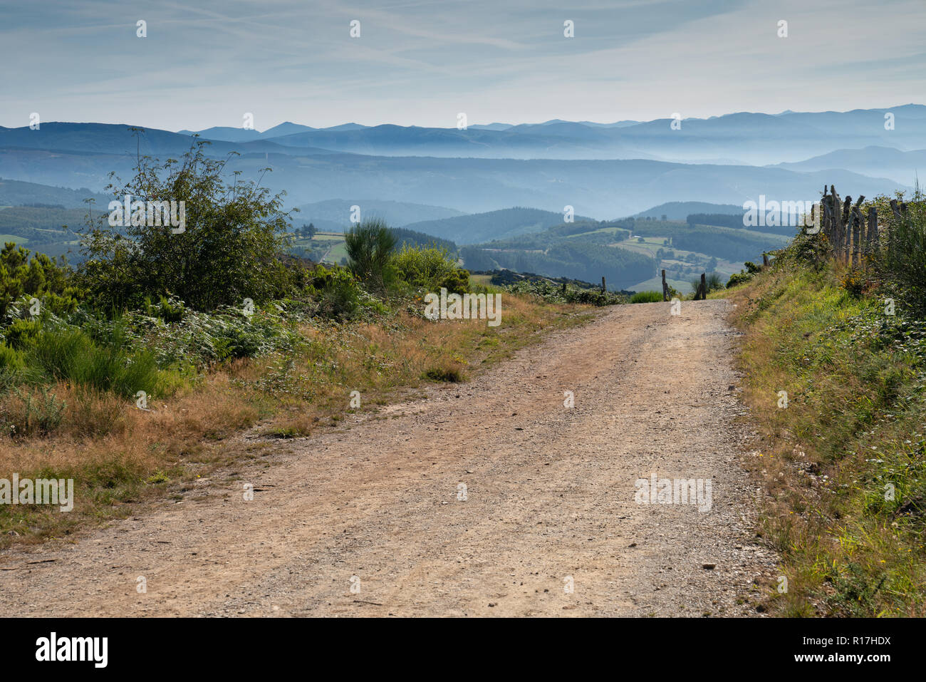 Panoramic landscape along the Camino de Santiago trail between Fonsagrada and O Cadavo, Galicia, Spain Stock Photo