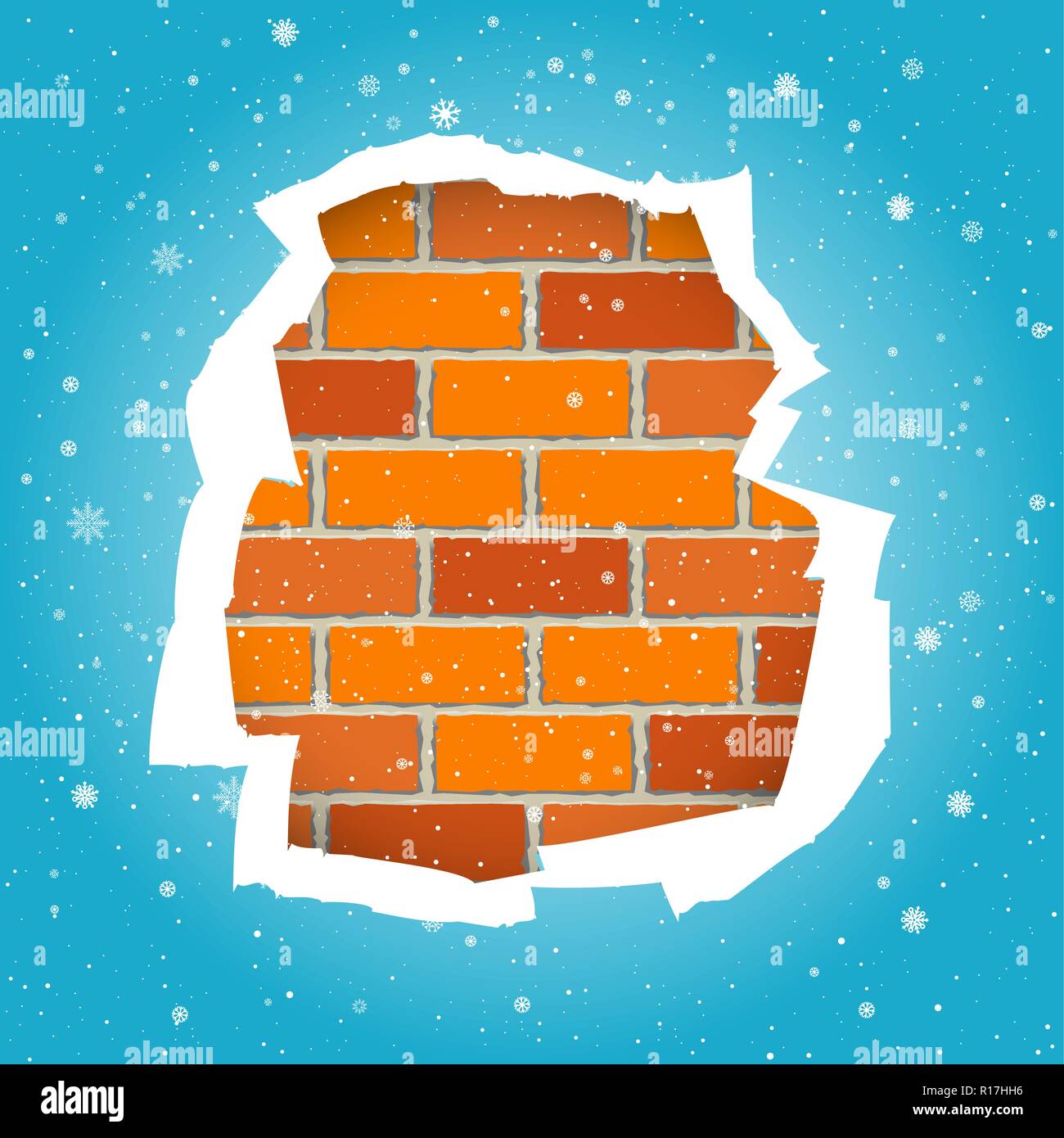 Snowfall and blue paper torn wall Stock Vector