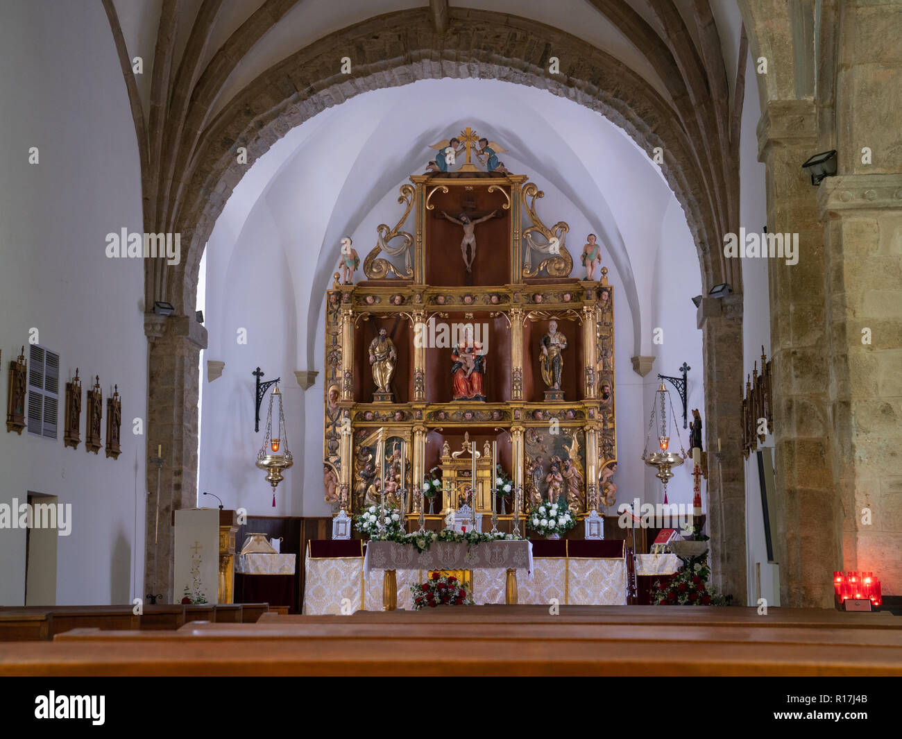 POLA DE ALLANDE, SPAIN - AUGUST 22, 2018: View into the Iglesia de San Andres on August 19, 2018 in Pola de Allande, Spain Stock Photo
