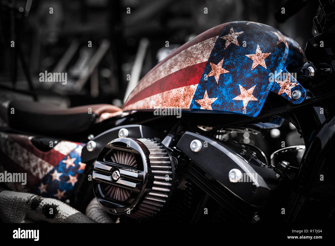 American Motorbike with stars and stripes banner on tank. Motorshow. Detail. Close Up Stock Photo