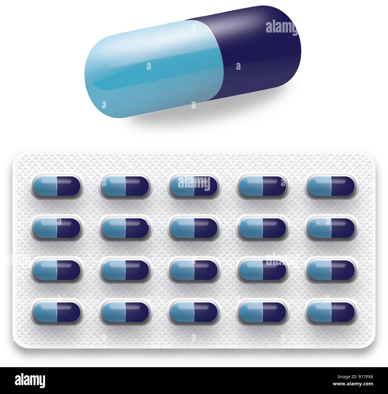 isolated realistic blue medicine pills in a blister pack on white background Stock Photo