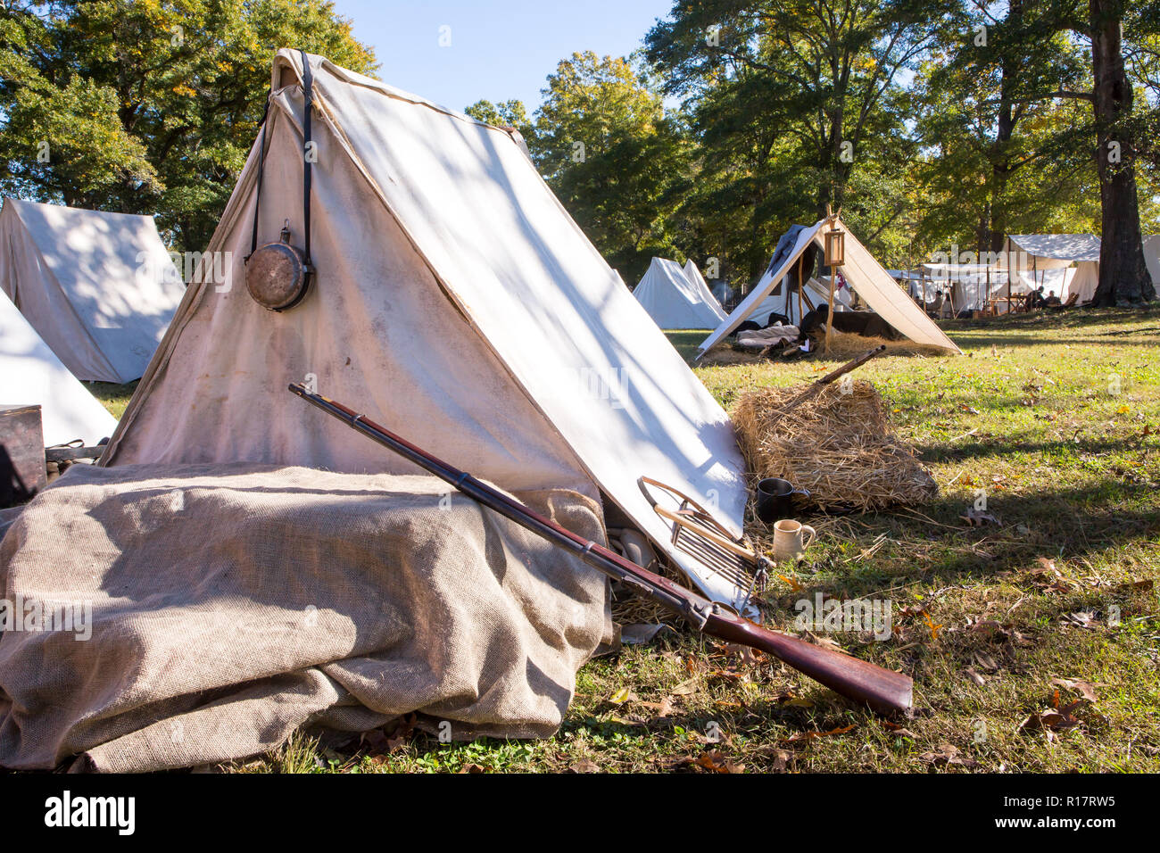 MCCONNELLS, SC (USA) - November 3, 2018:  A Civil War military tent encampment during a battle reenactment at Historic Brattonsville. Stock Photo