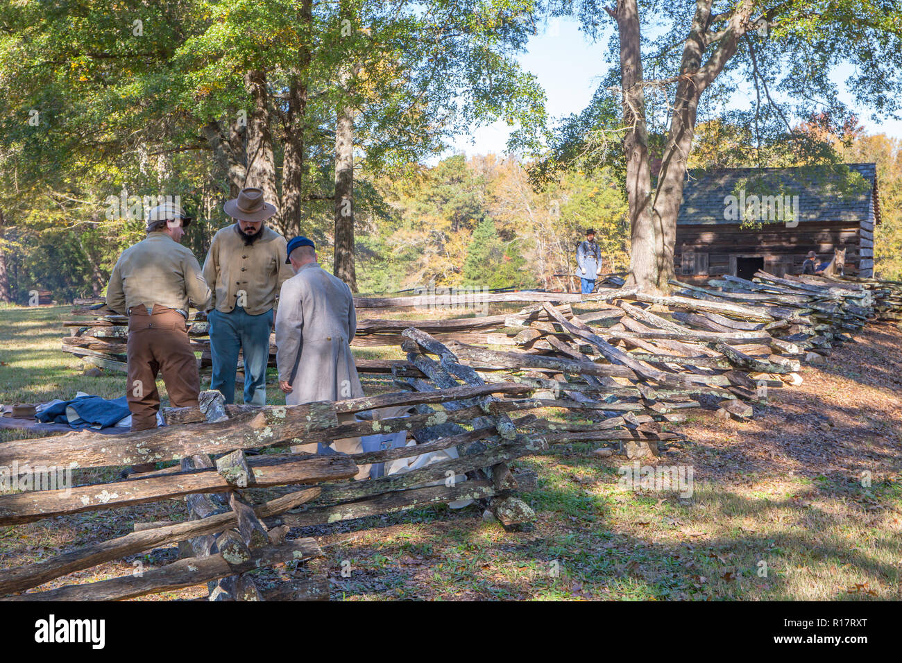 MCCONNELLS, SC (USA) - November 3, 2018:  Reenactors in Confederate uniforms participate in a recreation of the American Civil War. Stock Photo