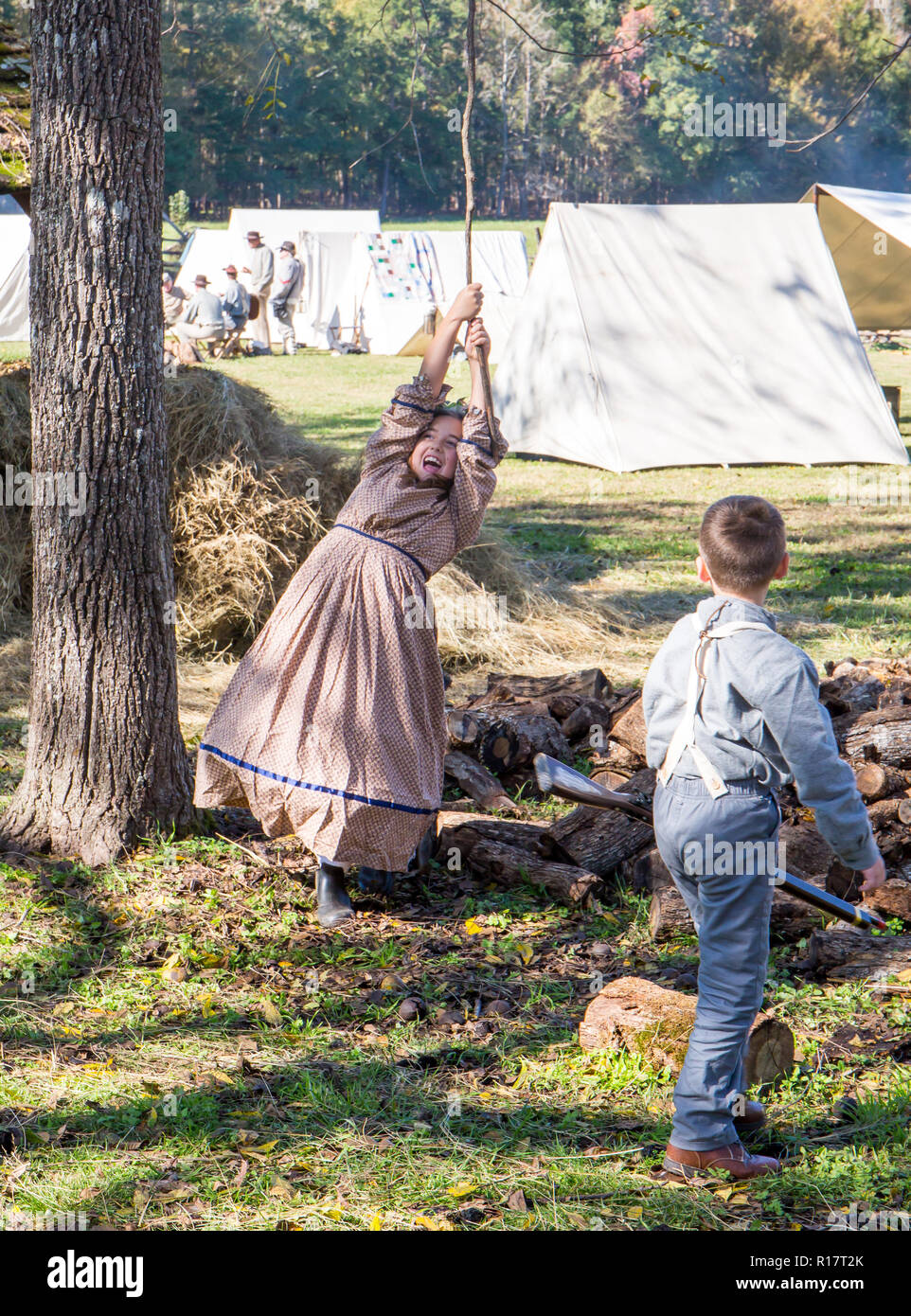 MCCONNELLS, SC (USA) - November 3, 2018:  Children in period dress play during a reenactment of the American Civil War at Historic Brattonsville. Stock Photo