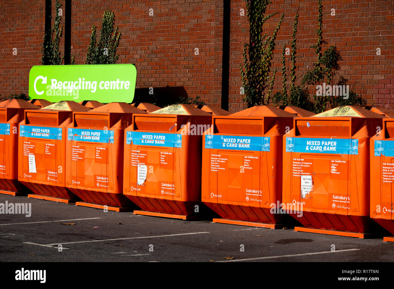 general public recycling centre bin facilities located in Sainsburys car  park Stock Photo - Alamy