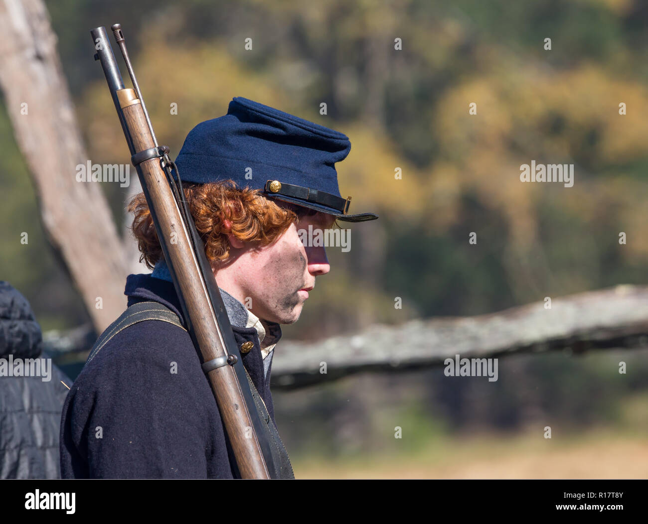 MCCONNELLS, SC (USA) - November 3, 2018:  Closeup portrait of a reenactor portraying a Union soldier at an American Civil War reenactment. Stock Photo