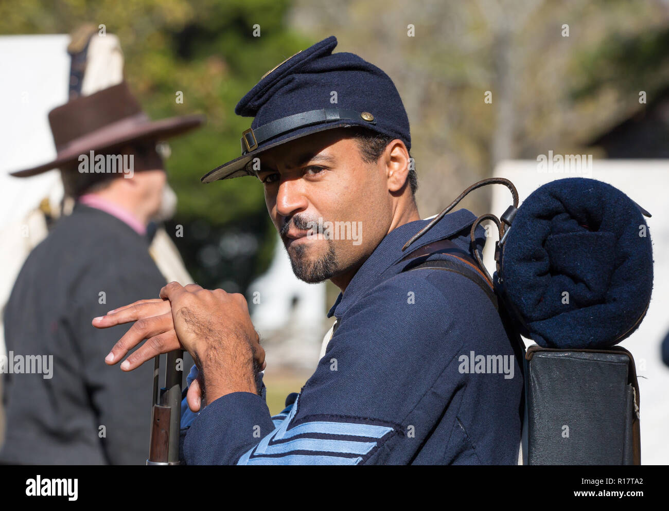 MCCONNELLS, SC (USA) - November 3, 2018:  Closeup portrait of an African-American reenactor portraying a Union soldier at an American Civil War reenac Stock Photo