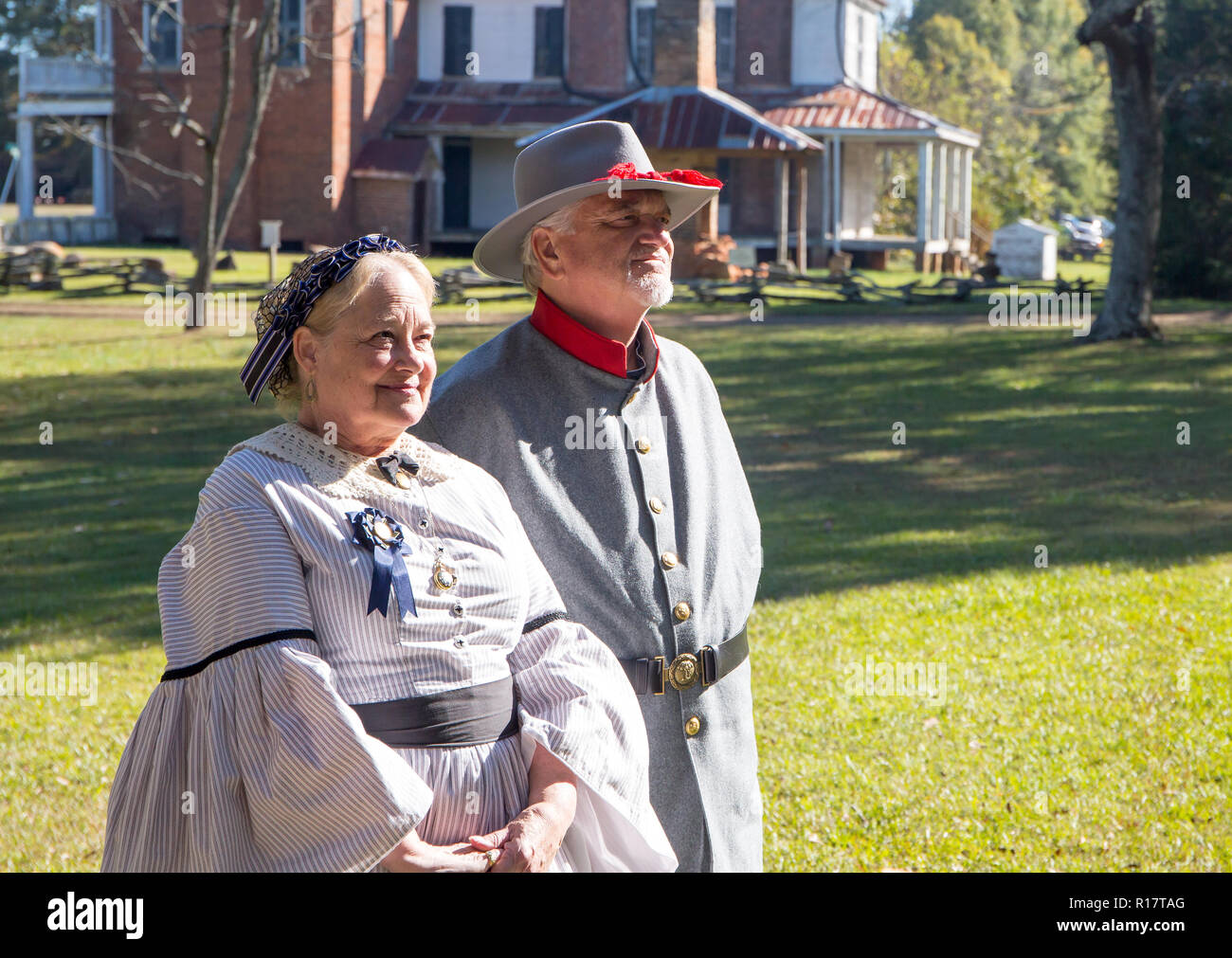 MCCONNELLS, SC (USA) - November 3, 2018:  Closeup portrait of male and female Confederate reenactors at an American Civil War reenactment  . Stock Photo