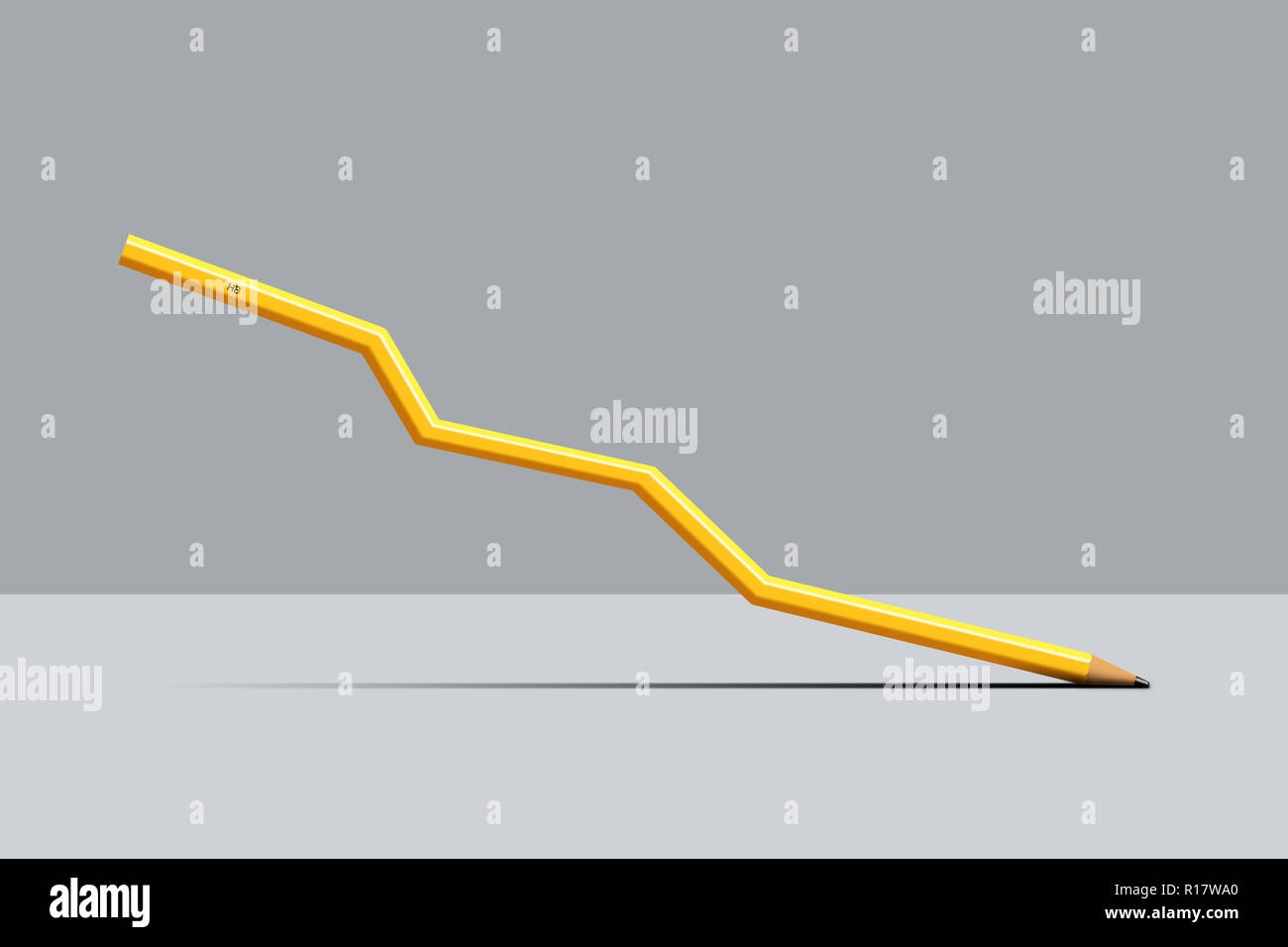 Yellow pencil in form of downward growth chart, grey background, digital image Stock Photo