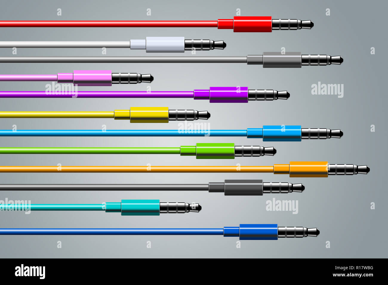 Multiple multicolored cables of various lengths in a row and top of each other, grey background Stock Photo