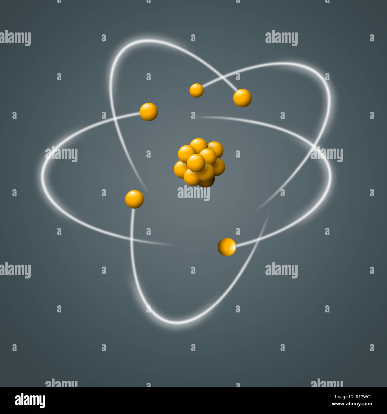 Yellow atomic particles surrounded by moving electrons on grey background, digital image Stock Photo