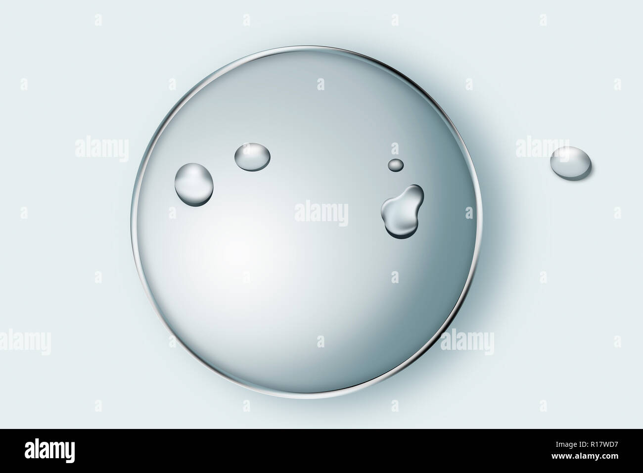 Water droplets on glass dish with silver rim, plain background, digital image Stock Photo