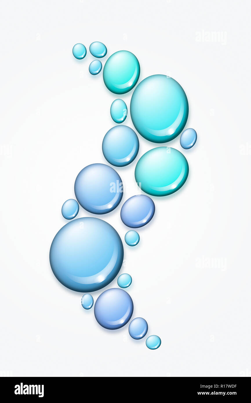Digital image of clear blue water droplets in blue on white surface with copy space Stock Photo