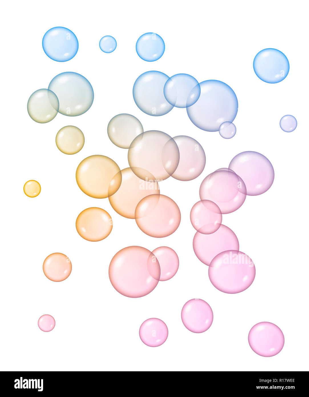 Digital image of blue, pink and yellow bubbles of different sizes floating, white background Stock Photo