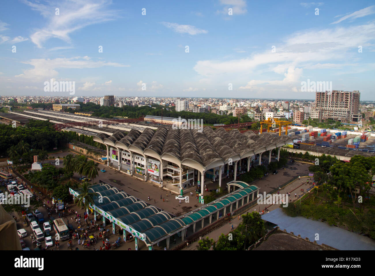 Aerial view of Kamalapur Railway Station is the central railway station in Dhaka, Bangladesh. It was built by Robet Bouighy. Dhaka, Bangladesh. Stock Photo