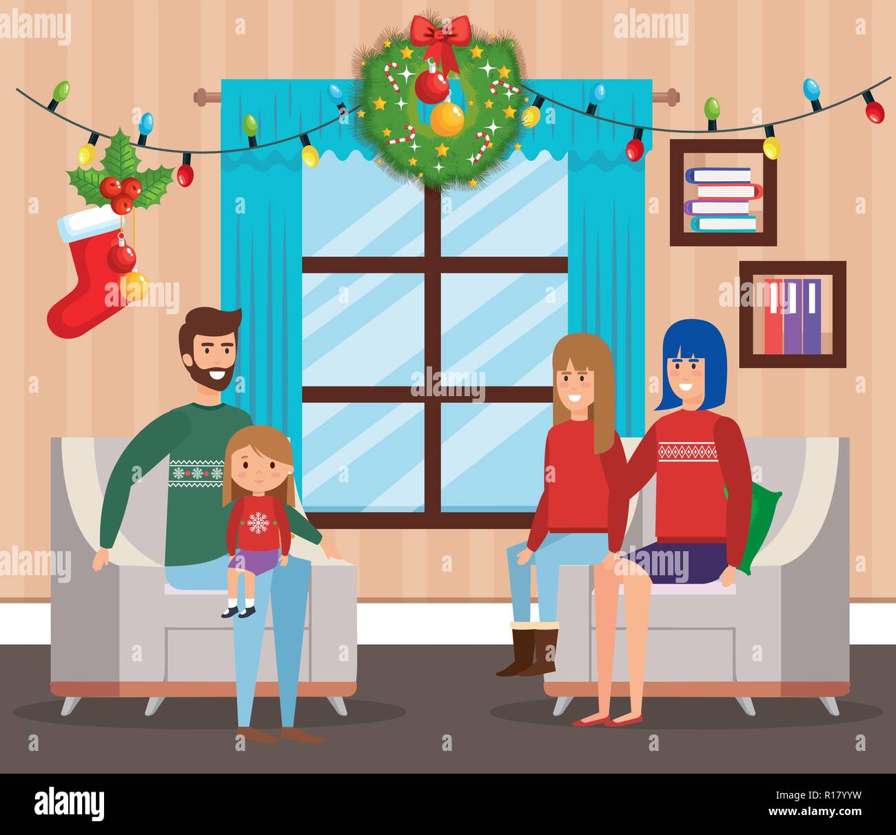 family in livingroom with christmas decoration vector illustration ...