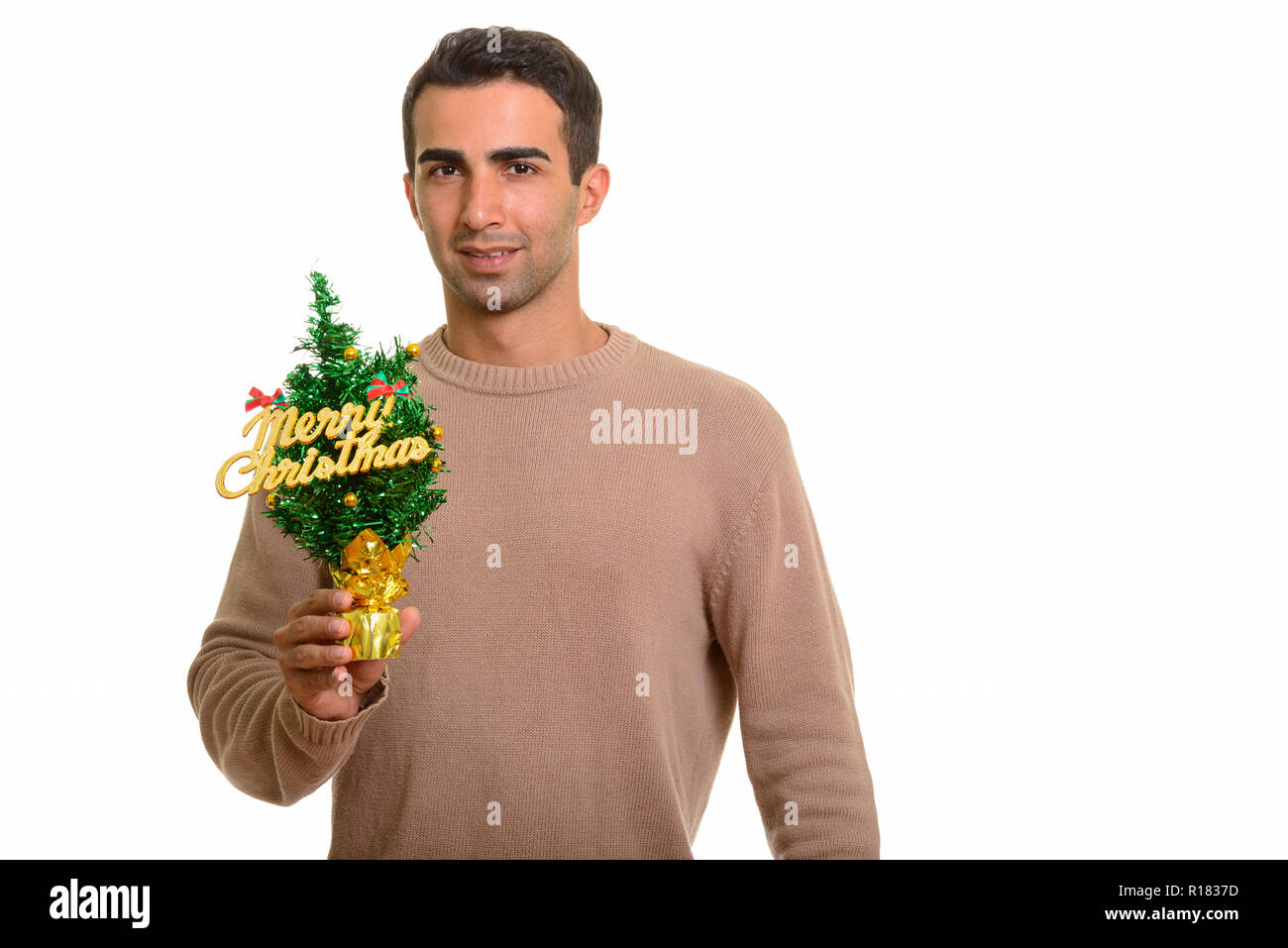 Portrait of young handsome Persian man ready for Christmas Stock Photo