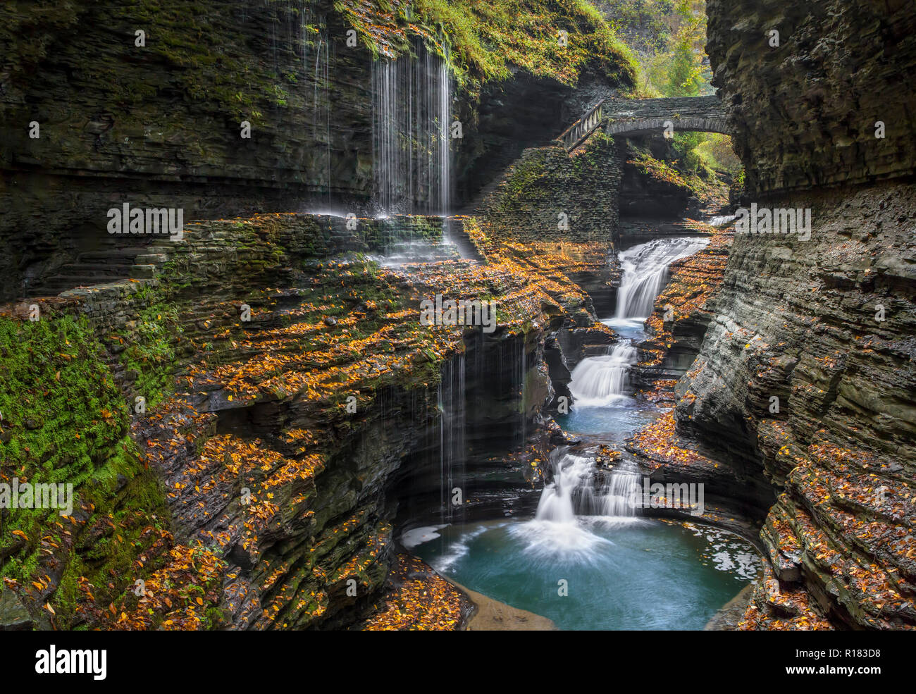 Surrounded by colorful fallen autumn leaves, water plunges and cascades through a rocky gorge at Watkins Glen State Park's Rainbow Falls in the Finger Stock Photo