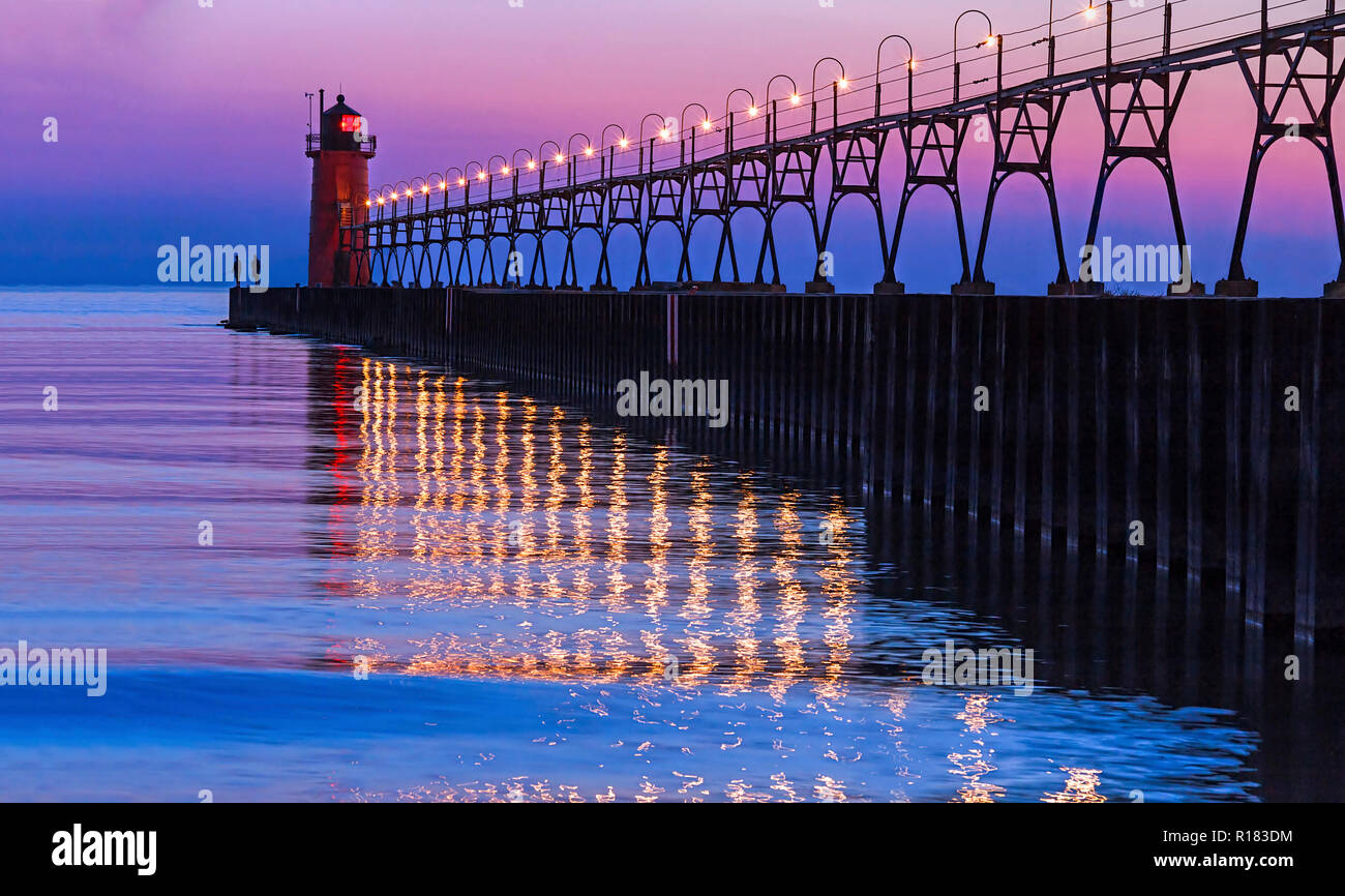 The South Pierhead Light in South Haven, Michigan after Sundown Stock Photo