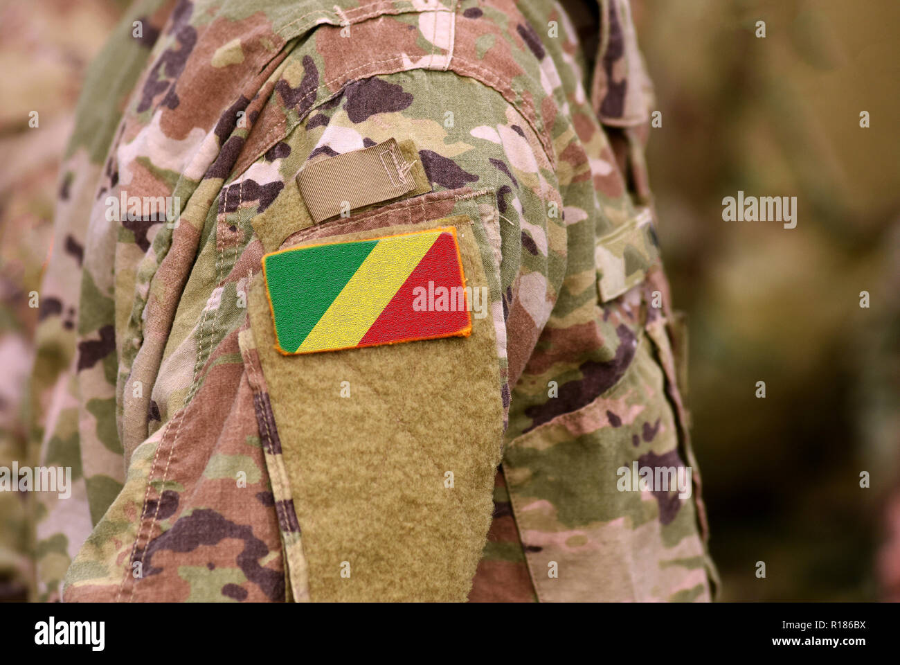 Republic of the Congo flag on soldiers arm. Republic of the Congo troops (collage) Stock Photo