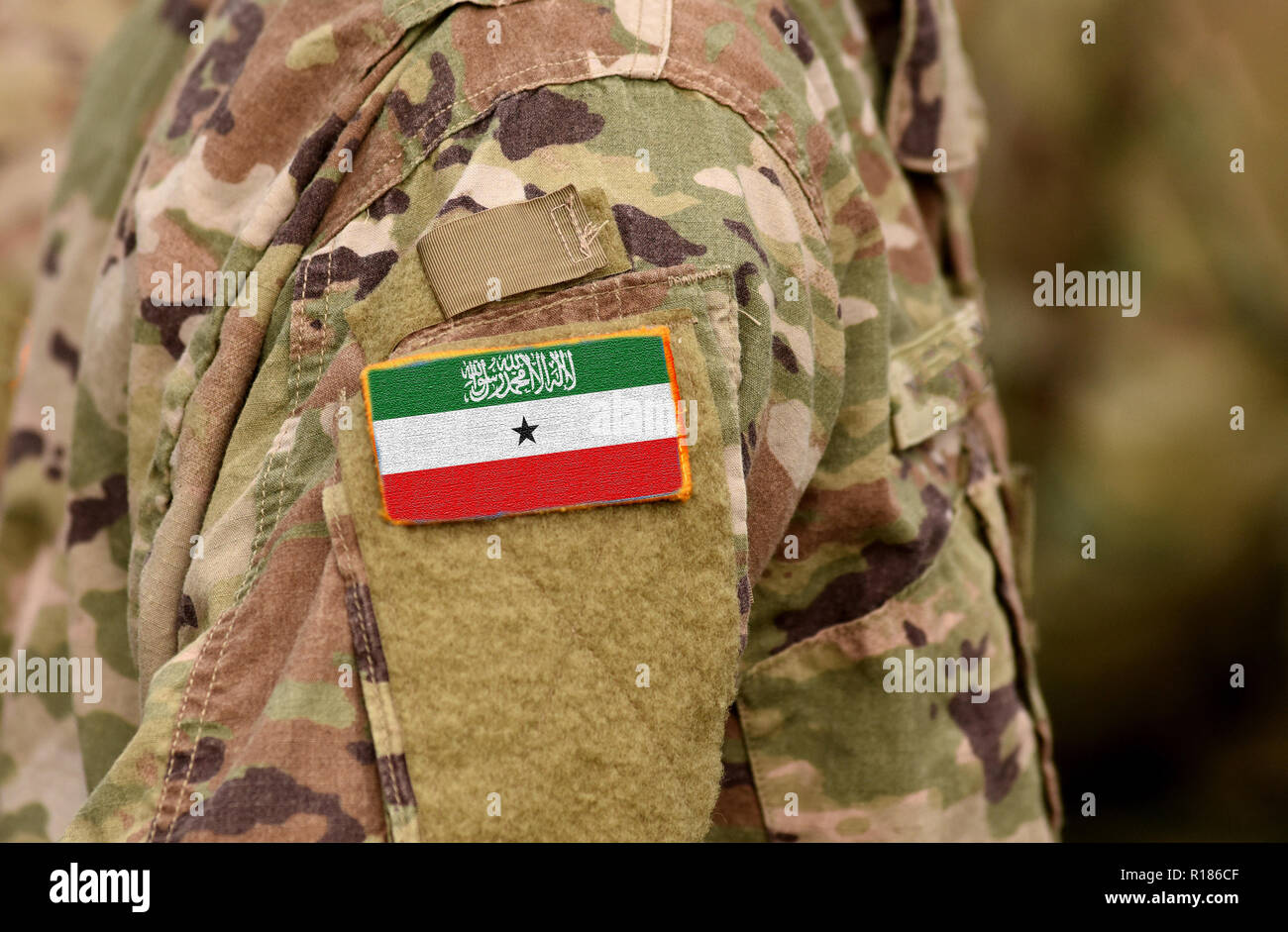 Republic of Somaliland flag on soldiers arm. Somaliland army (collage) Stock Photo
