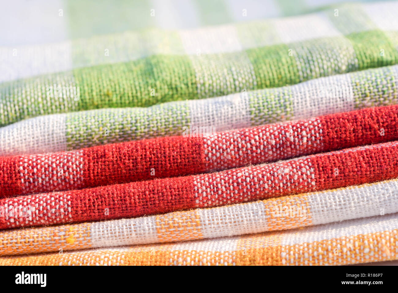 multicolored checkered kitchen towels closeup Stock Photo