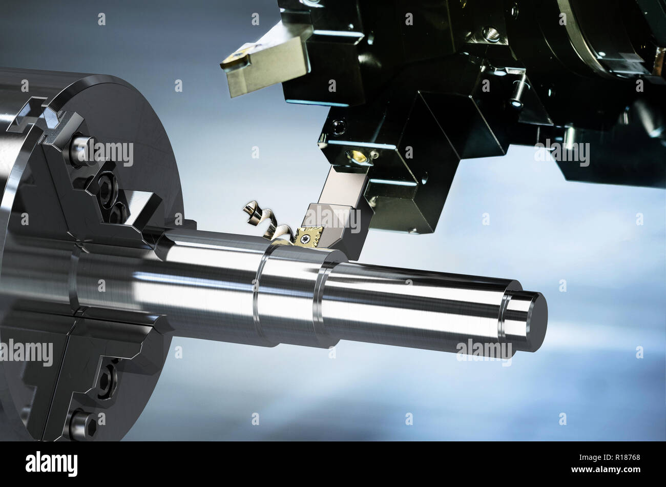 Industrial metalworking cutting process by CNC lathe machine, 3D