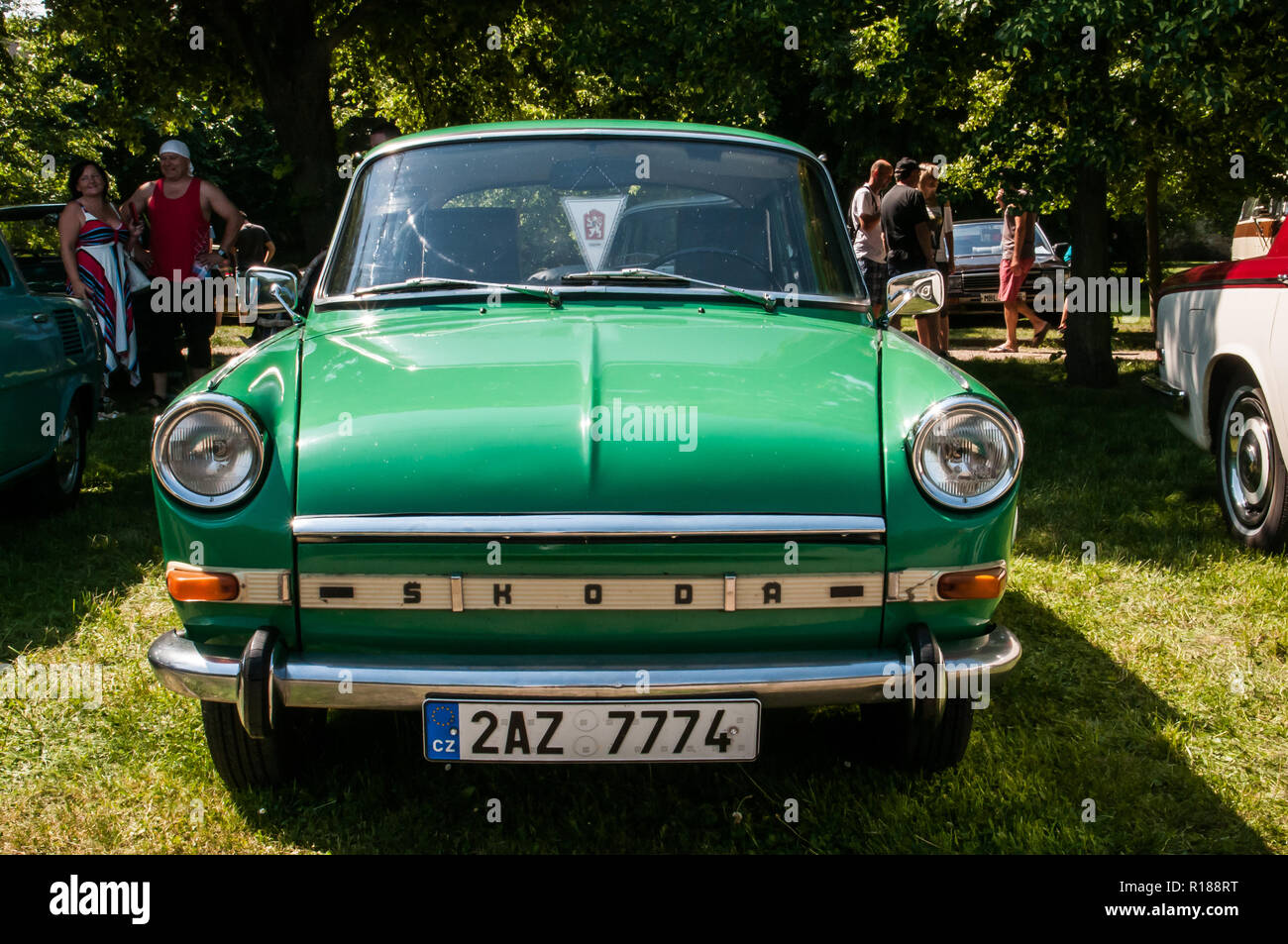 Green Škoda 1000 MB is a lower-class passenger car produced by the Czechoslovak AZNP in 1964-1969. Stock Photo