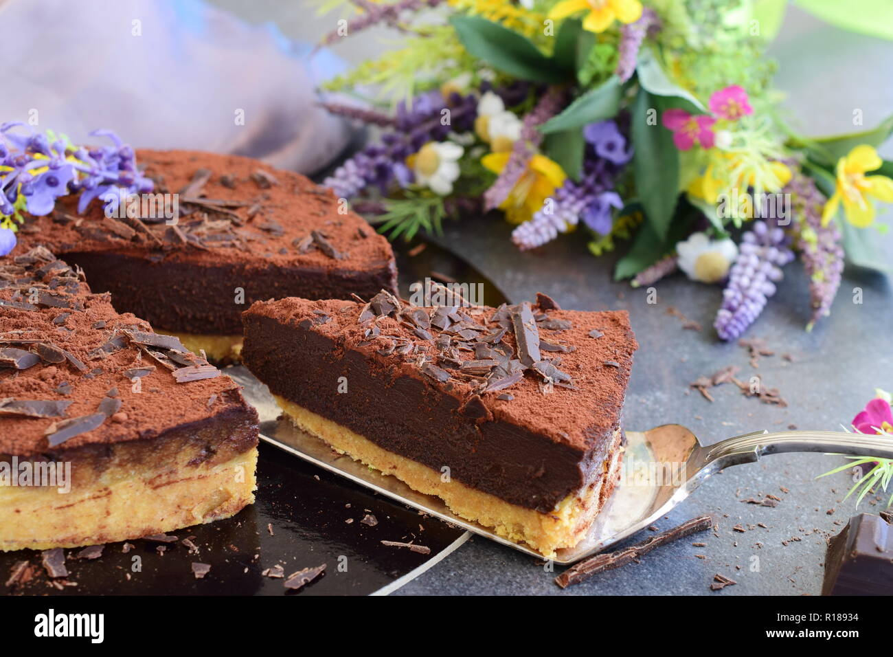 No bake cake, biscuit base with cocolate ganash. Stock Photo
